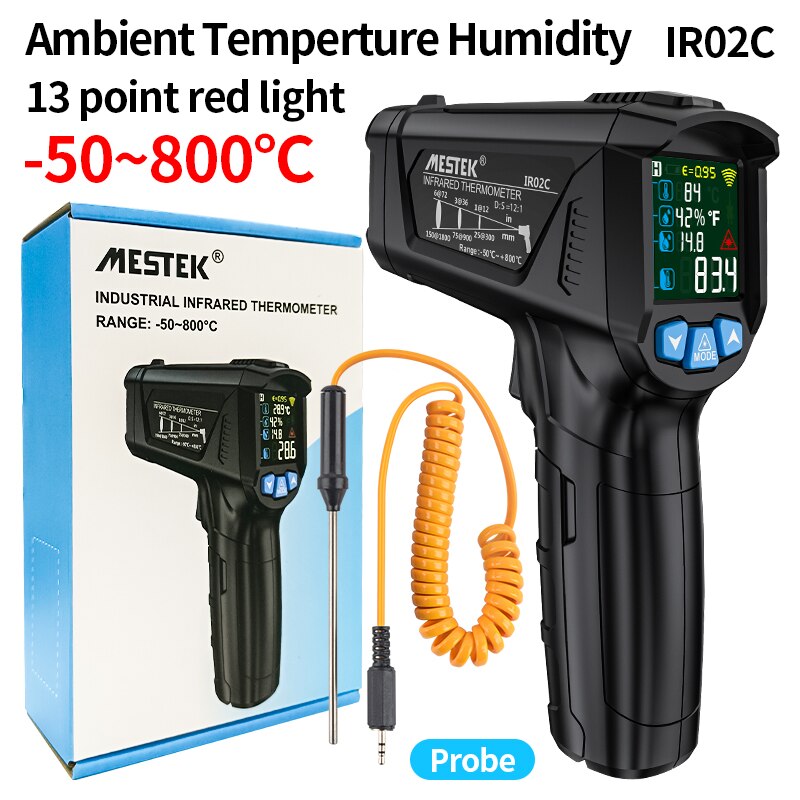 Mestek Infrared Thermometer Non-contact Temperature Meter Termometro Color LCD Screen IR02C Digital Thermometer With Humidity