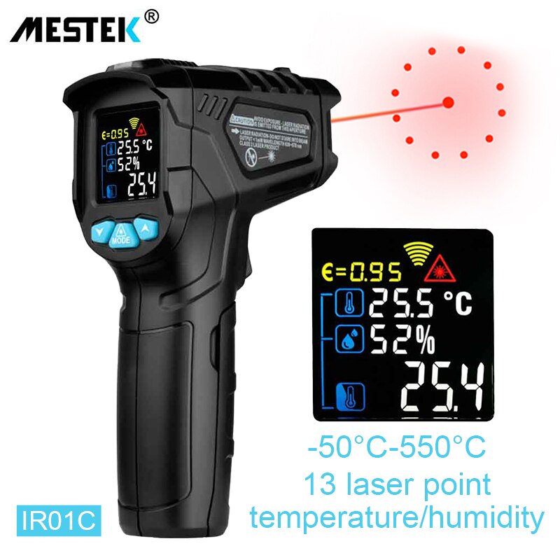 Mestek Infrared Thermometer Non-contact Temperature Meter Termometro Color LCD Screen IR02C Digital Thermometer With Humidity